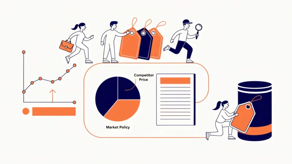Team following steps from demand chart to final price tag, illustrating price determination