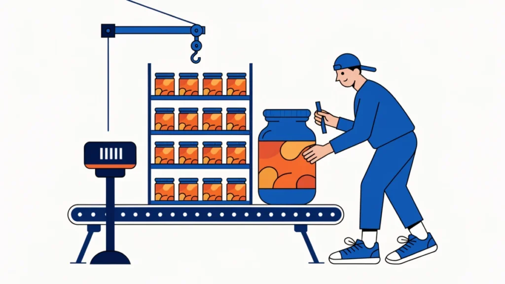 Worker applying labels to jars on a production line