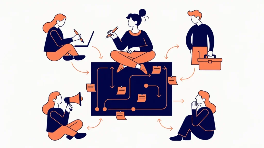 Product manager linking designers, engineers and customers on a roadmap board