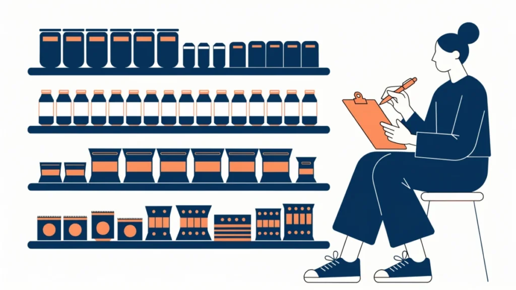 Shelf organised into product lines with many variants and a marketer planning
