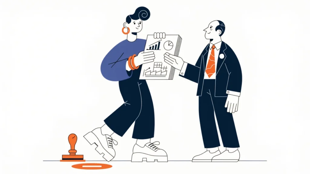Entrepreneur handing a project report to a bank officer, illustrating project report objectives