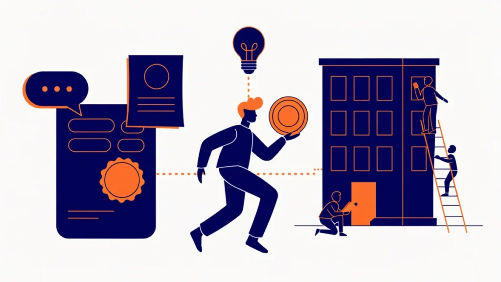 Entrepreneur turning an idea into a building with funds and registration, illustrating venture promotion