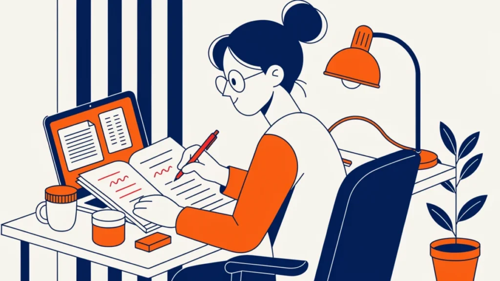 Writer marking corrections on a manuscript at a home desk