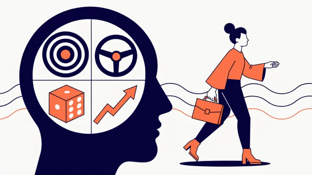 Entrepreneur profile with target, control and risk icons, illustrating psychological factors in entrepreneurship