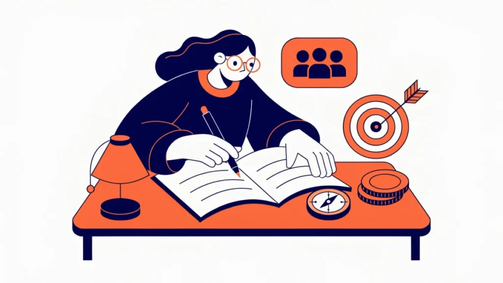 Entrepreneur reading a business plan with a compass, coins and target