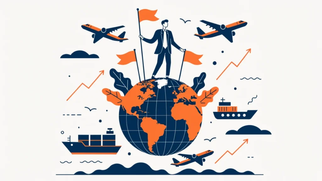 Business owner planting flags across a globe with ships and planes, illustrating reasons for international business
