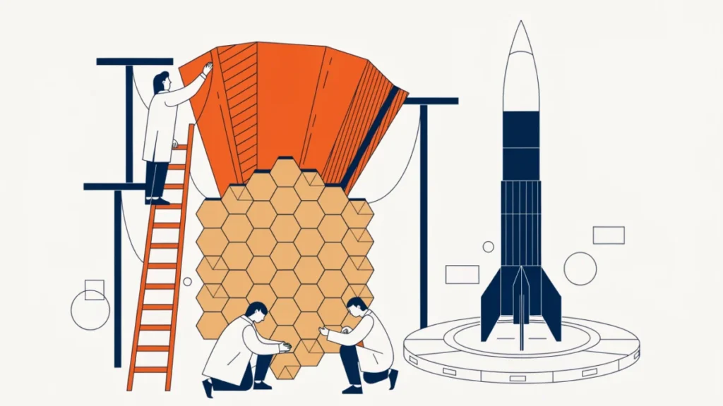 Engineers assembling a gold-mirrored space telescope