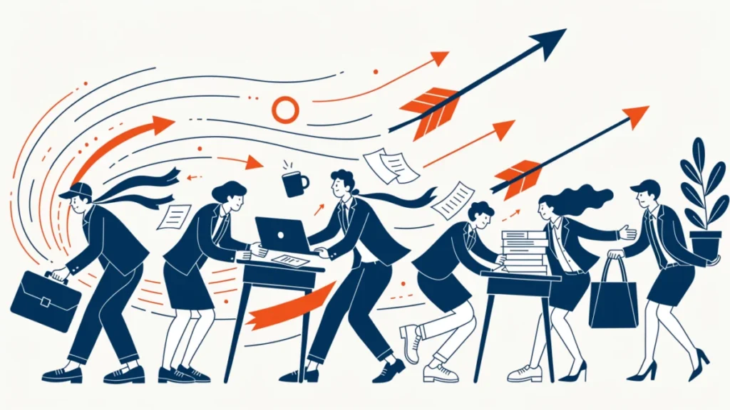 Office workers bracing against a gust of change while holding onto their desks
