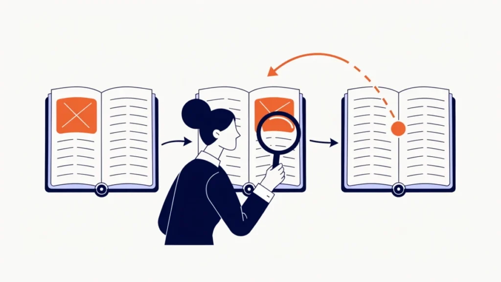 Accountant finding and correcting an error across linked ledger books
