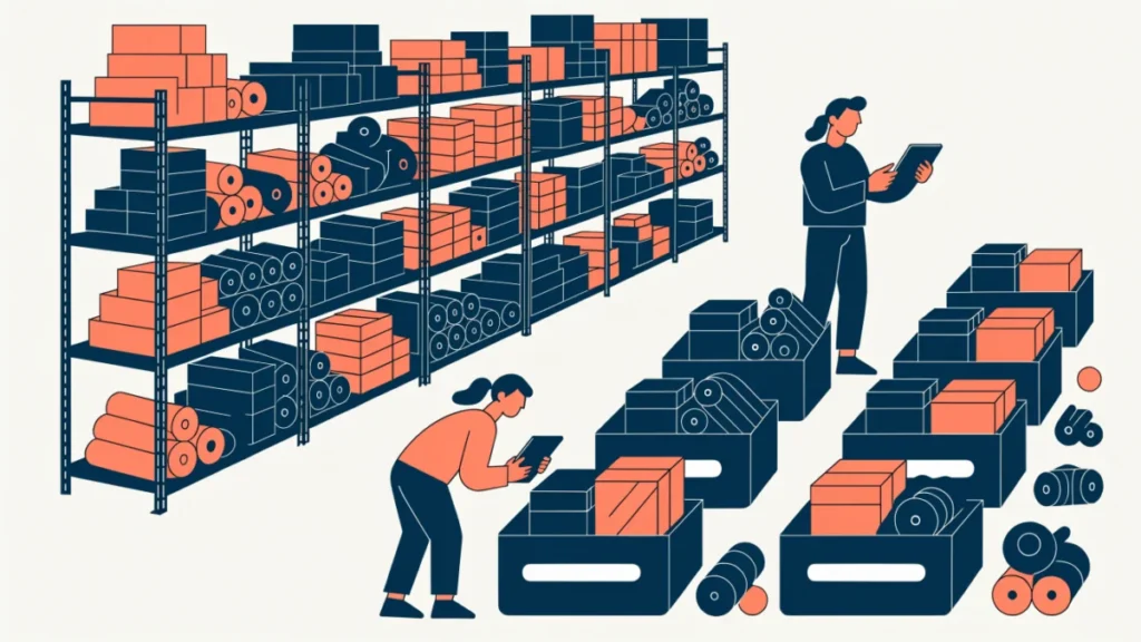 Workers reorganising overflowing shelves into lean kanban bins