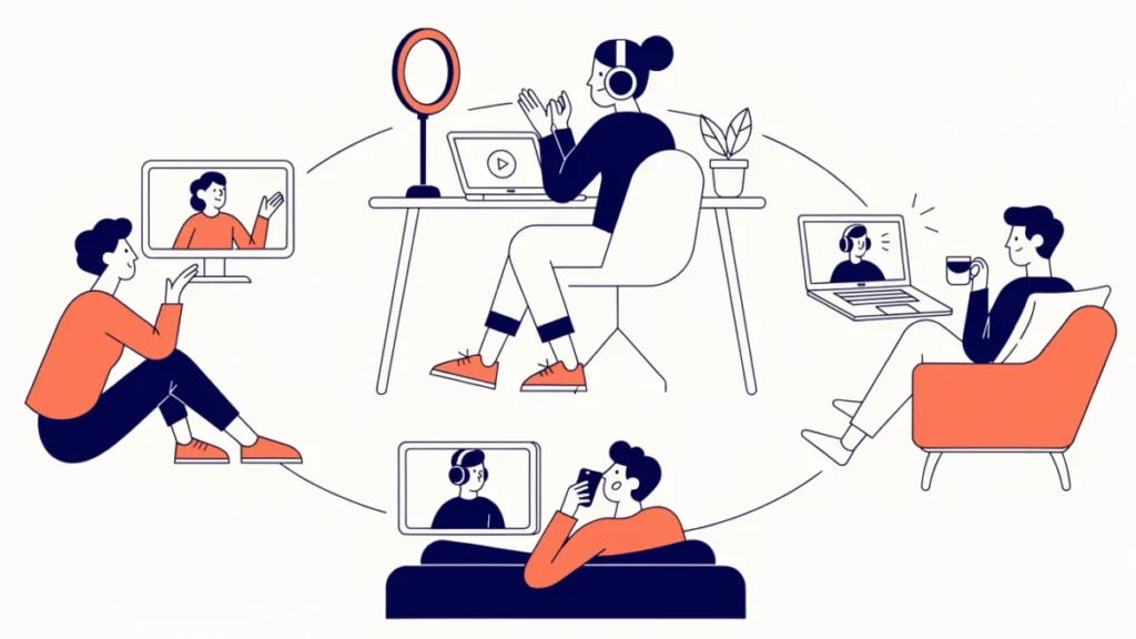 Remote worker recording a team video watched by colleagues