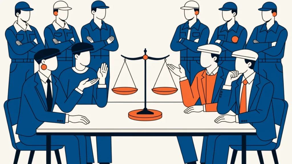 Union and management negotiating across a balanced scale, illustrating collective bargaining