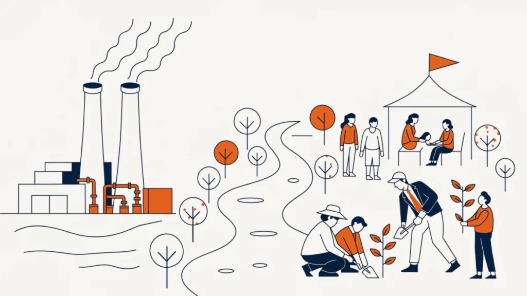 Factory owner planting trees with villagers beside a clean river, illustrating responsibility towards the local community