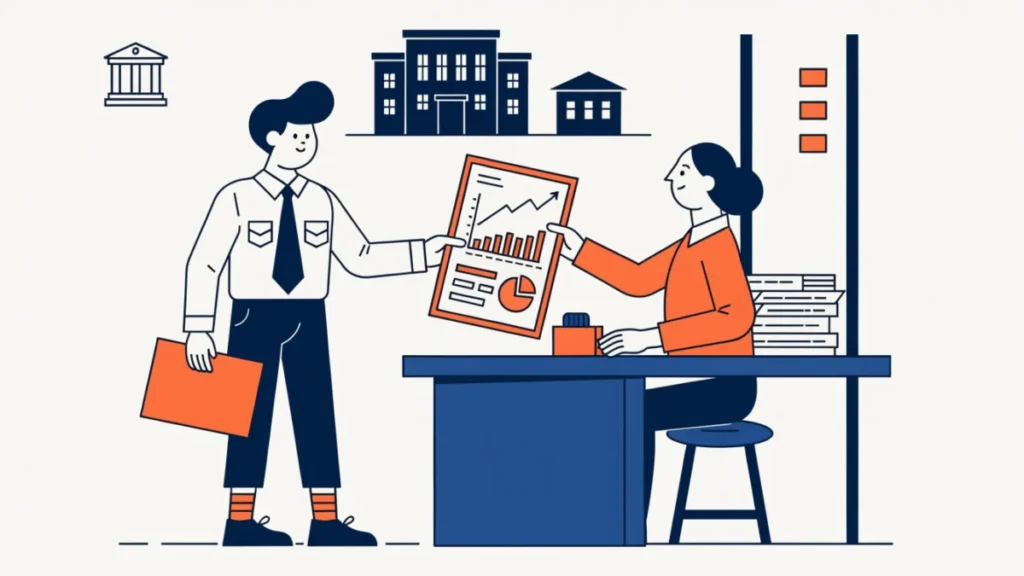 Entrepreneur paying taxes at a government office, illustrating social responsibility towards government and institutions