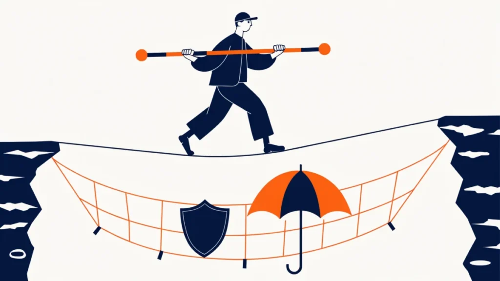 Entrepreneur on a tightrope above a safety net and shield