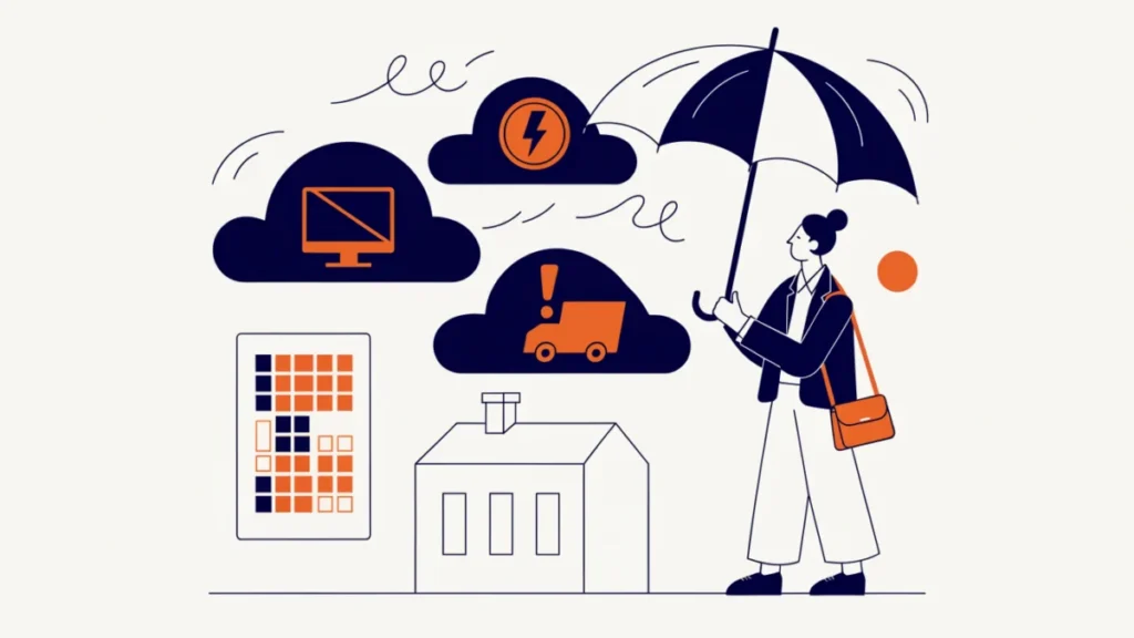 Risk manager holding an umbrella over a company as storm clouds gather
