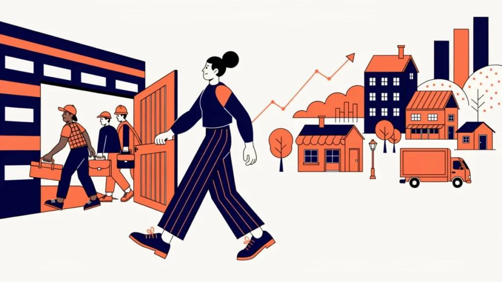Entrepreneur opening a factory gate with a growing town behind, illustrating the role of entrepreneurs