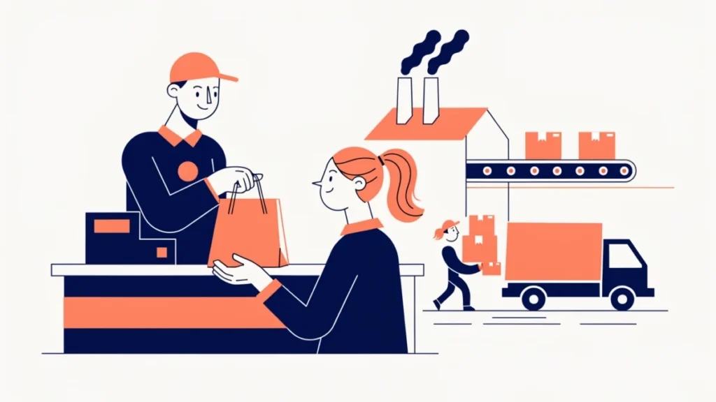 Shopkeeper serving a customer while factory deliveries arrive behind the counter