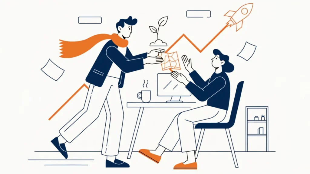 Investor handing a seedling and strategy map to a founder, illustrating venture capital
