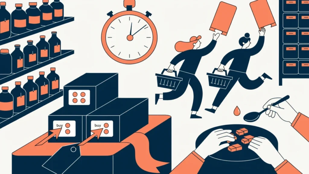 Supermarket aisle with coupons, samples and a timed offer, illustrating sales promotion