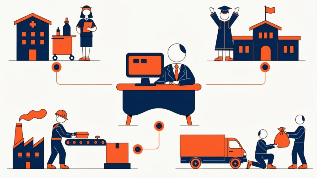 Manager coordinating a hospital, school, factory and charity, illustrating the role of management in society
