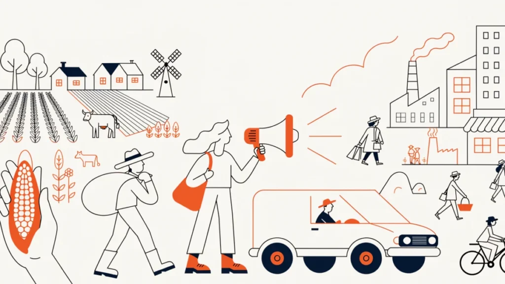 Marketer linking rural producers to city buyers, illustrating marketing in a developing economy