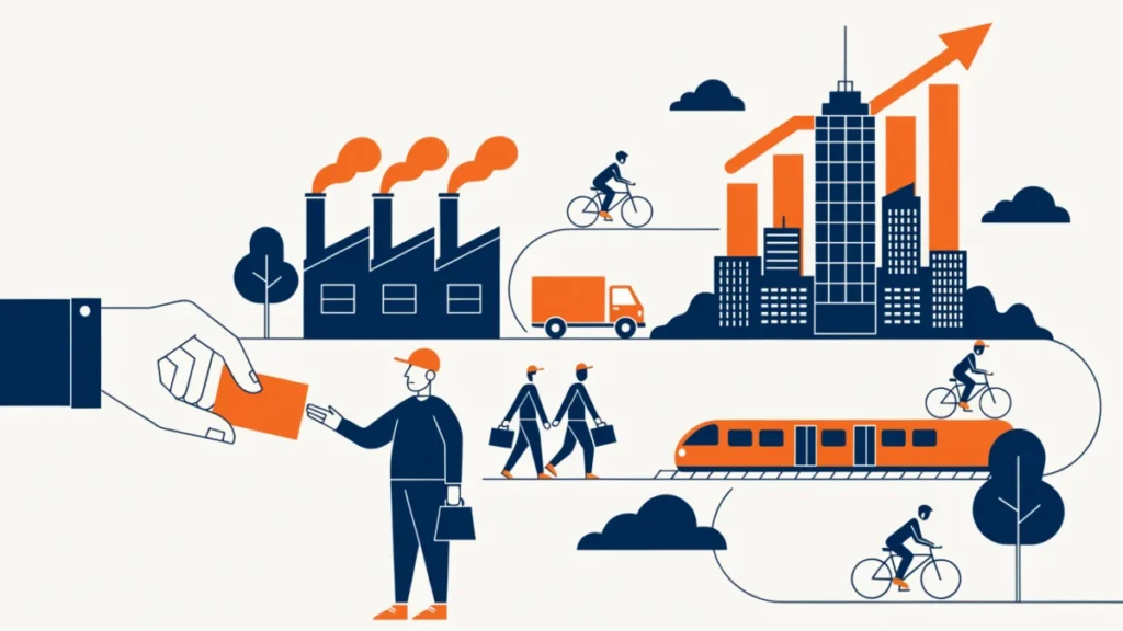 Salesperson closing a sale with factories and a growing city behind, illustrating selling in the economy