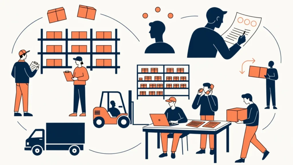 Logistics team coordinating trucks, warehouse and customs from a planning desk, illustrating the logistics department