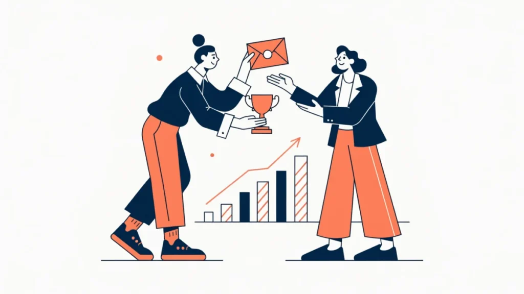Sales manager giving a bonus and trophy to a salesperson beside a rising sales chart