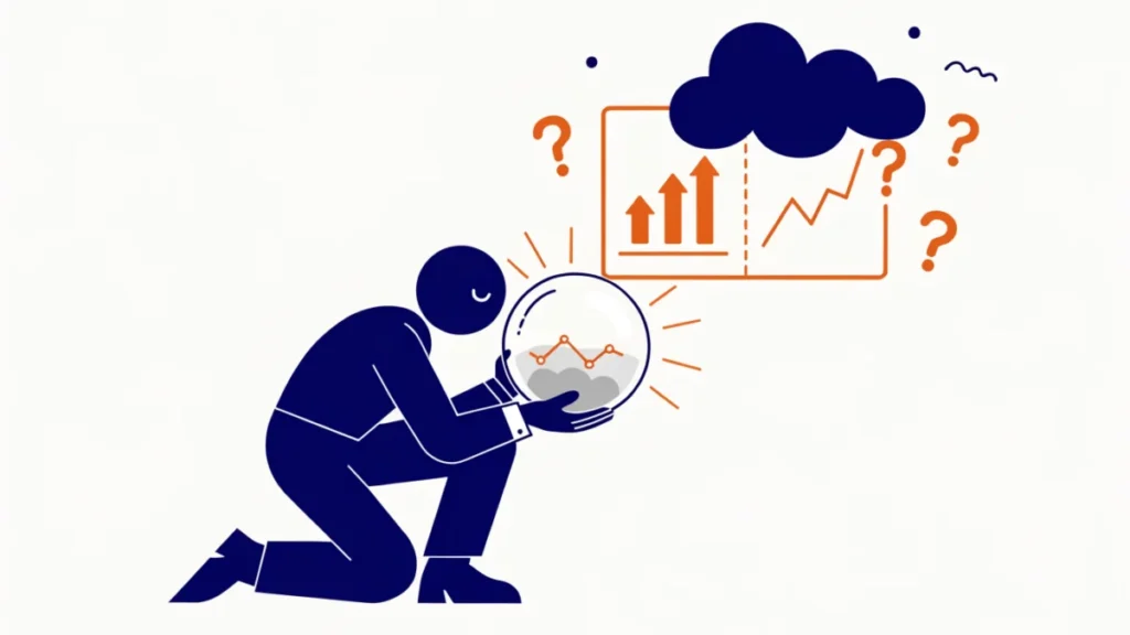 Forecaster peering into a foggy crystal ball at an uncertain sales chart