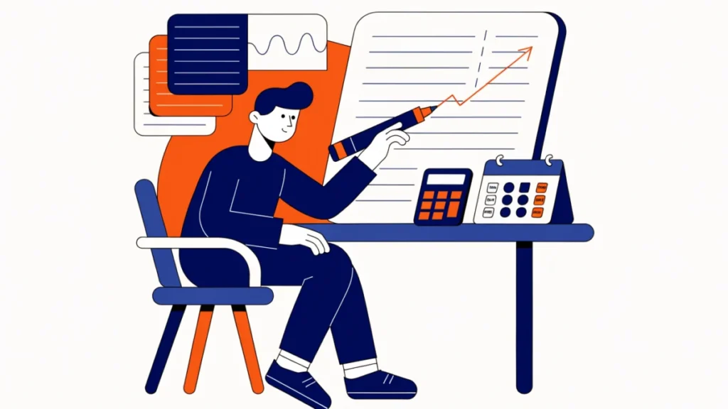Analyst drawing a future sales line on a chart with data sheets