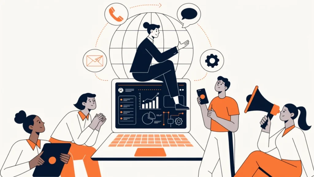 Sales manager coaching a diverse team with a CRM dashboard and globe