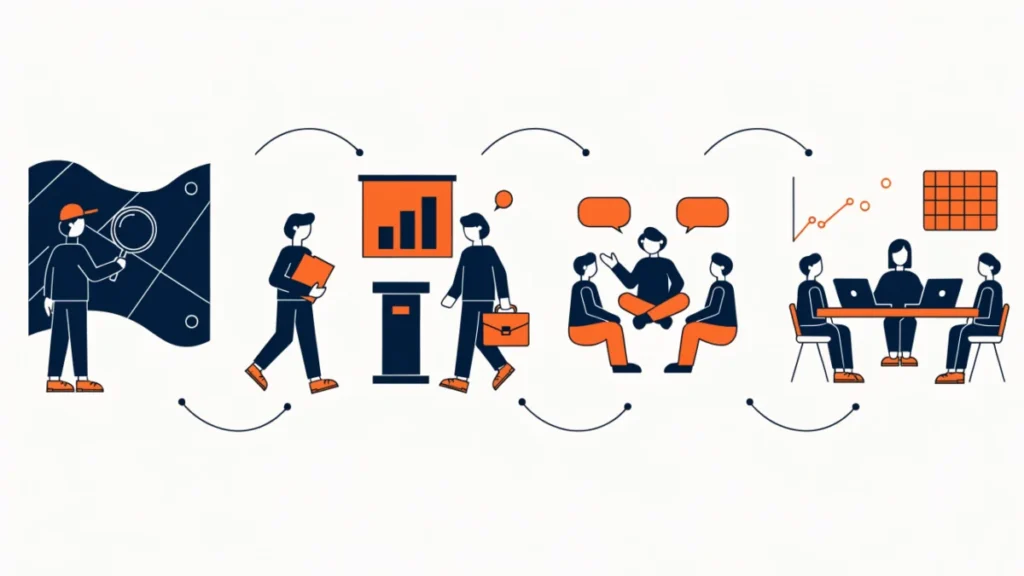 Sales director moving through planning, training and results review stages