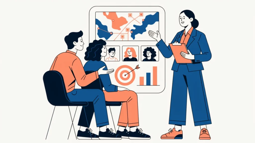 Sales manager coaching salespeople in front of a strategy board