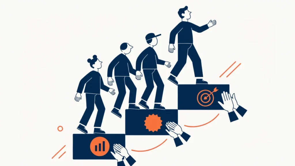 Sales manager climbing steps with a motivated sales team