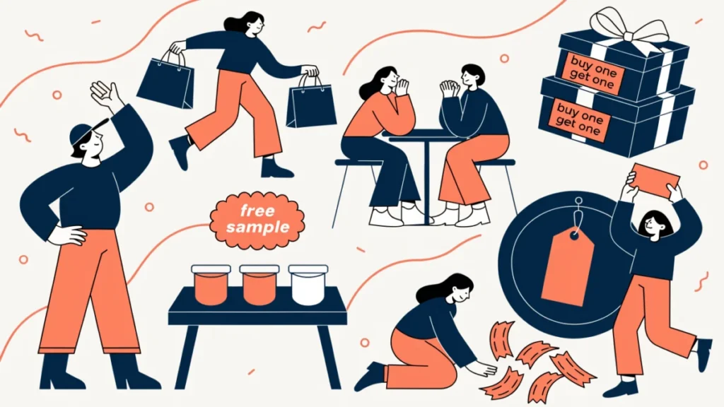 Store with discount tags, coupons and free samples, illustrating sales promotion