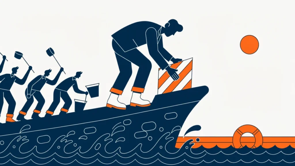 Leader and crew patching a leaking ship toward calmer water