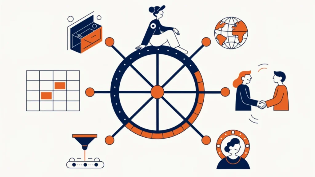 Entrepreneur at the hub of product, model, process and brand spokes, illustrating scope of creativity
