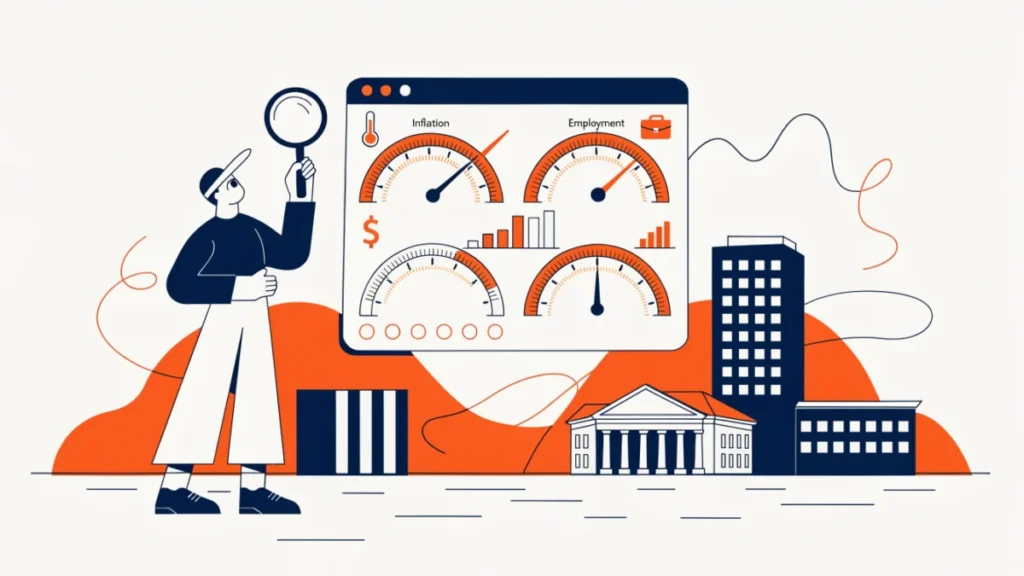Economist studying national inflation, jobs and income gauges, illustrating macroeconomics