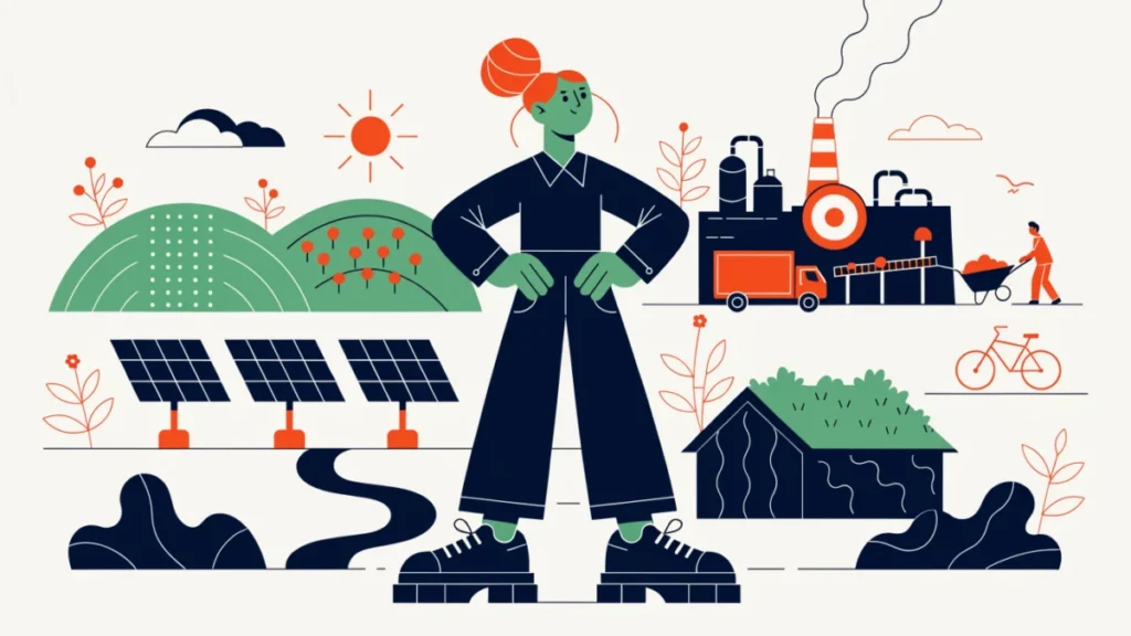 Entrepreneur facing solar farms, organic fields and a recycling plant, illustrating scope of green entrepreneurship