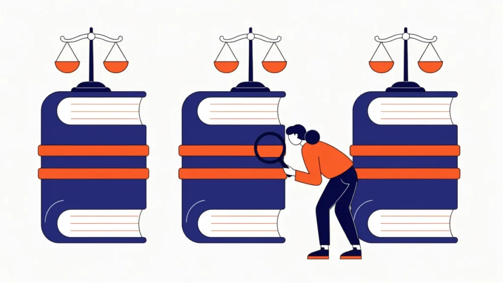 Three ledgers each with its own balanced scale and an accountant checking one