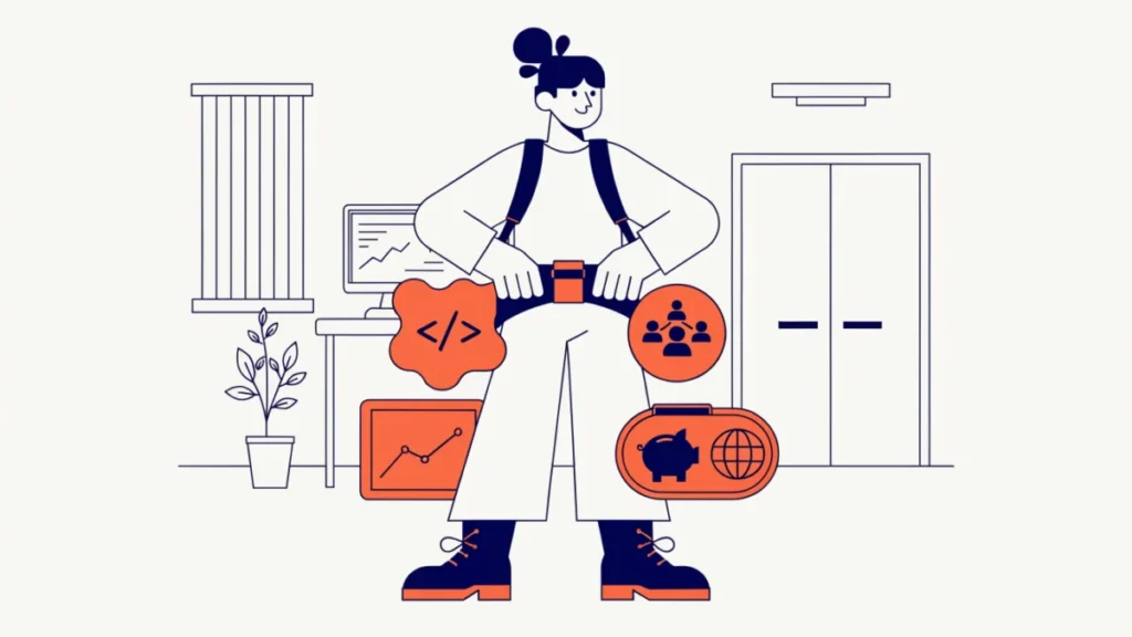Tech entrepreneur holding analytics, network and finance skill icons, illustrating technopreneur skills