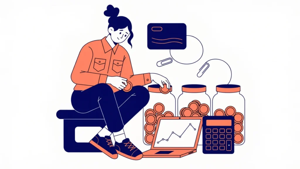 Owner sorting coins into jars beside a calculator and accounting chart