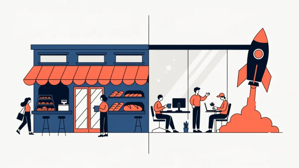 Neighbourhood bakery beside a fast-growing startup office with a rocket