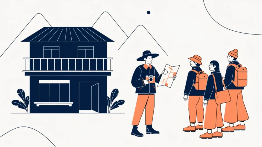 Local guide welcoming travellers outside a homestay