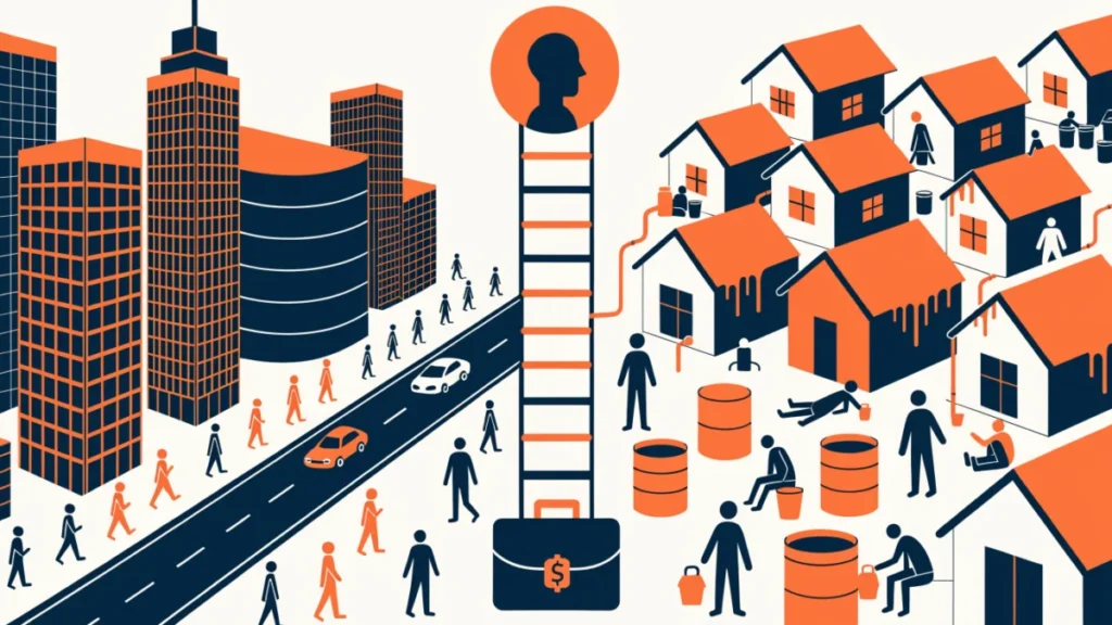 City divided between office towers and a poor neighbourhood bridged by education and jobs