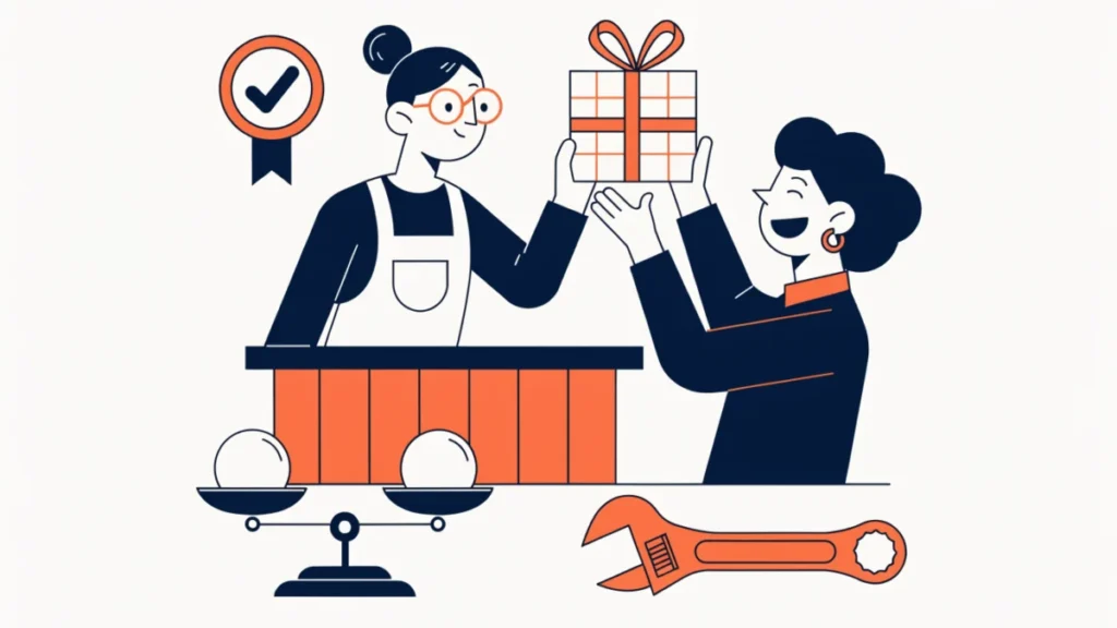Shop owner selling a fair, quality product with after-sales service, illustrating responsibility to customers