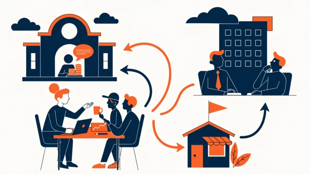 Founder pitching to banks and institutions with funding flowing in, illustrating sources of venture capital