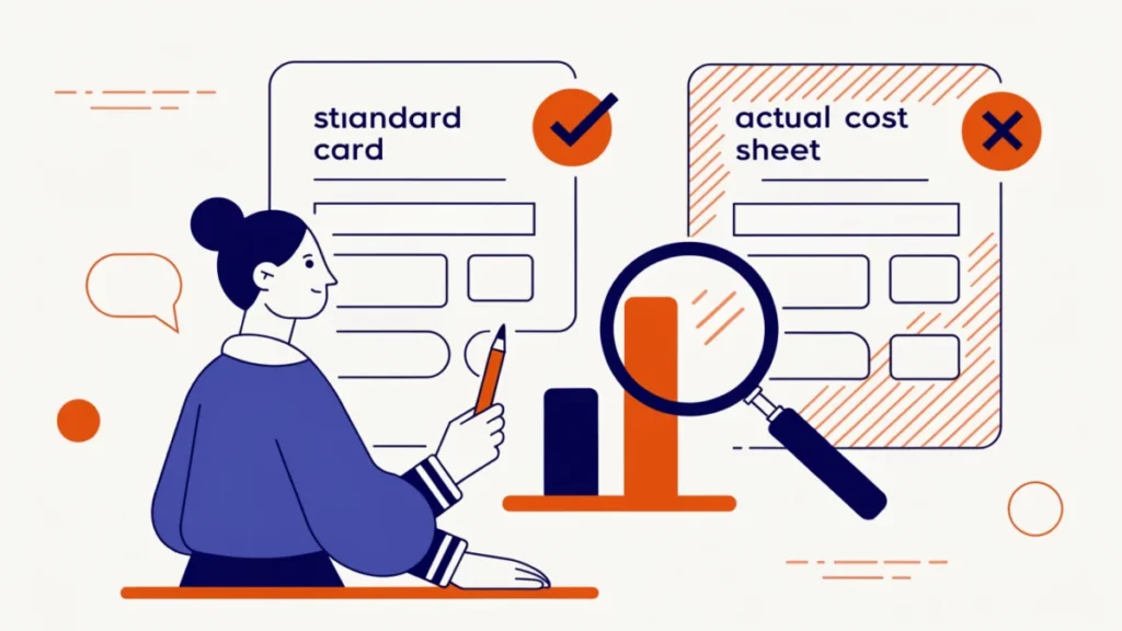 Accountant comparing standard and actual cost bars, illustrating standard costing variances