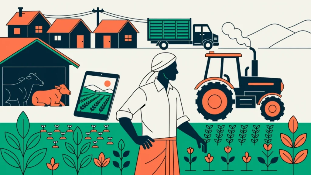 Indian farmer in a field with a tractor, cow shed and crop plan tablet